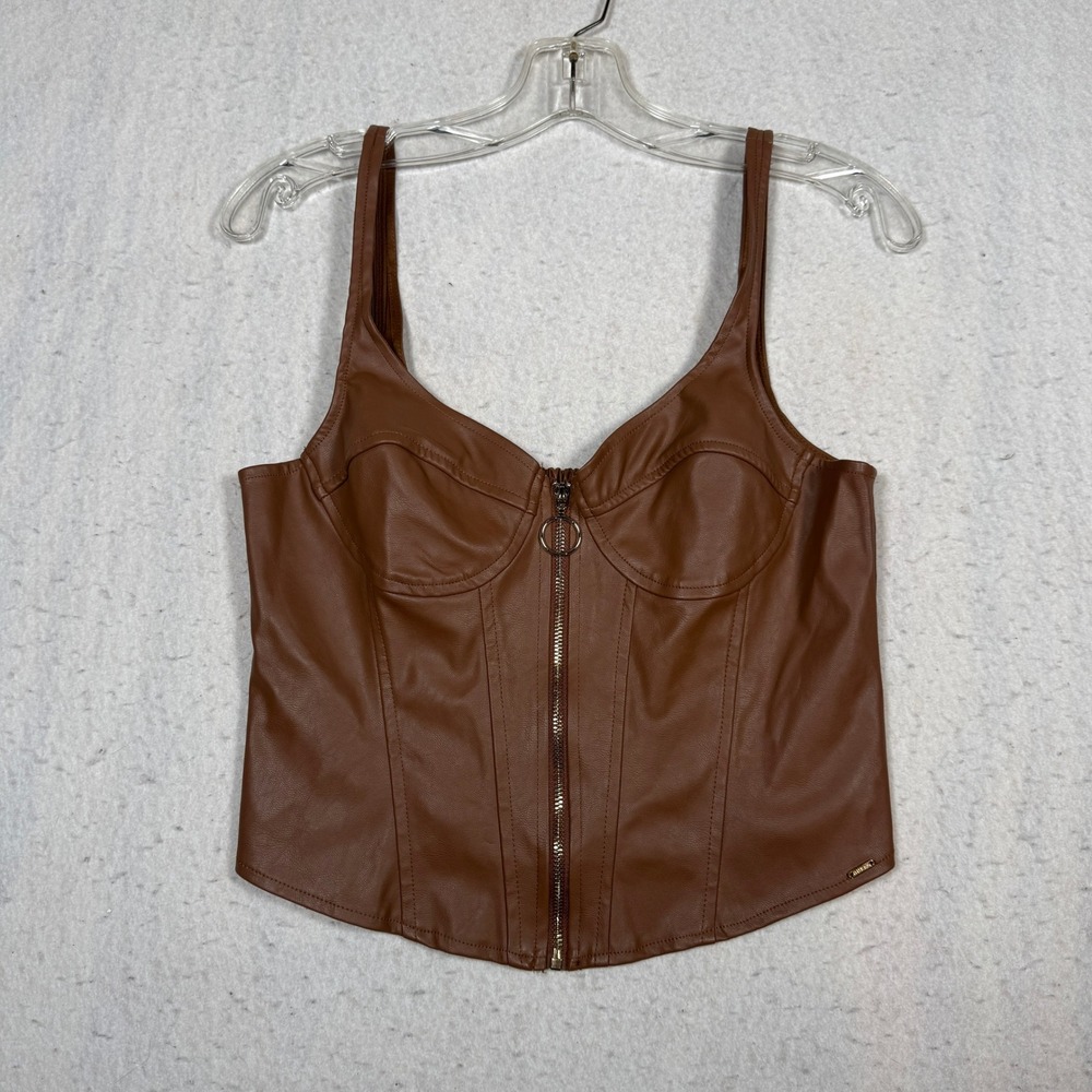 GUESS Los Angeles Brown Faux Leather Corset Zip Front Bustier Top Womens Medium
